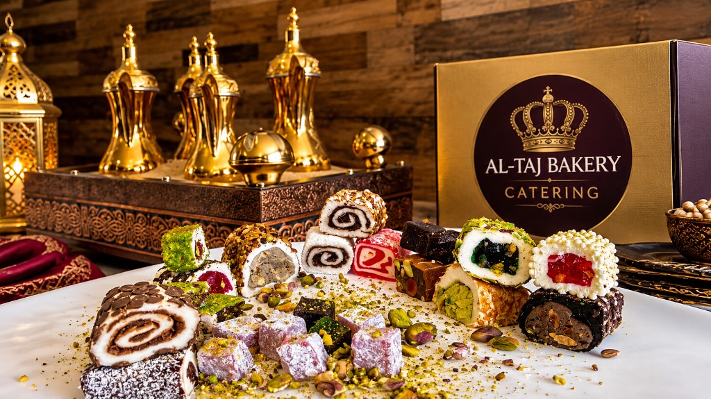Al-Taj catering box with Turkish delight and pistachio sweets